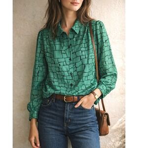 Vintage 80s Emerald Abstract Print Blouse Willow Ridge Secretary Top M L Retro